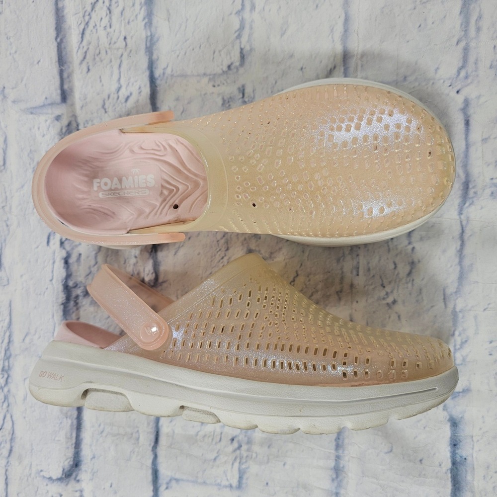 Skechers Foamies Go Walk Women 9 Iridescent Pink Peach Clogs Slip On Shoes